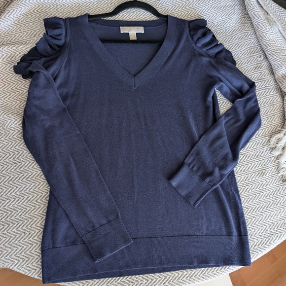 Michael Kors Navy V-Neck Sweater with Ruffled Sleeves - Picture 3 of 8